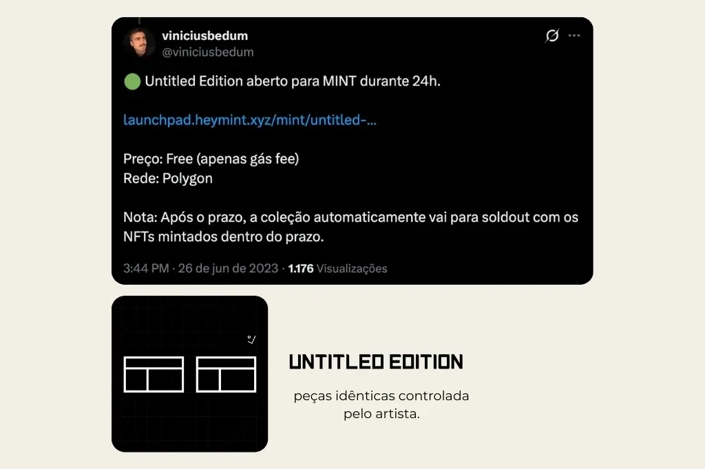 Print do post no X anunciando o mint gratuito da Untitled Edition, na Polygon, ao lado da arte da coleção