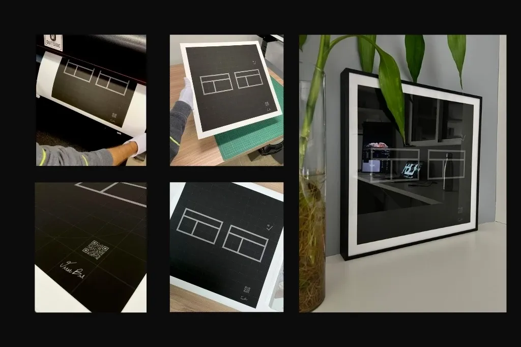Colagem da impressão fine art da obra: na impressora, detalhe com assinatura e QR code, e a peça emoldurada no ambiente