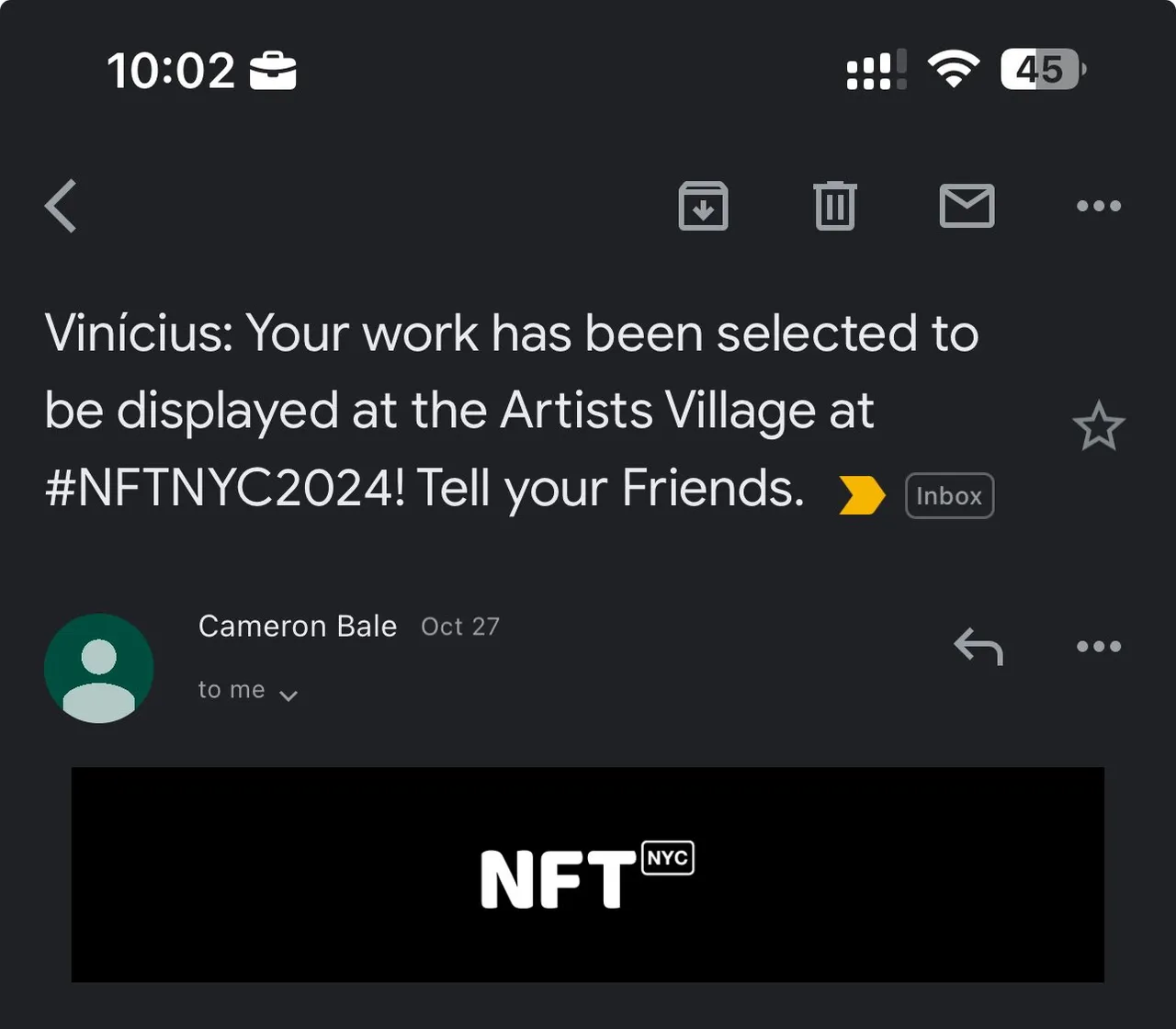 E-mail informando que a obra foi selecionada para o Artists Village do NFT NYC 2024