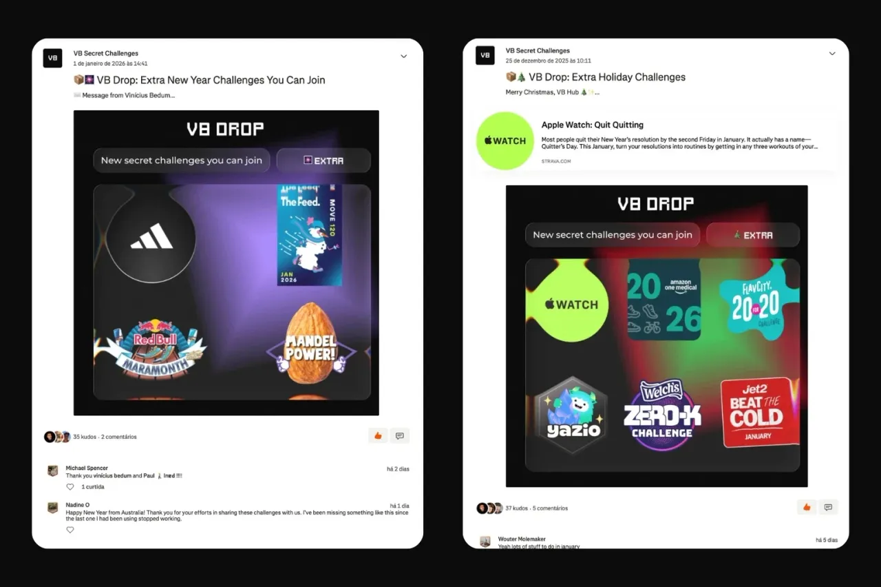 Dois posts de drop no clube do Strava, com desafios extras de fim de ano e de ano novo e as badges de várias marcas