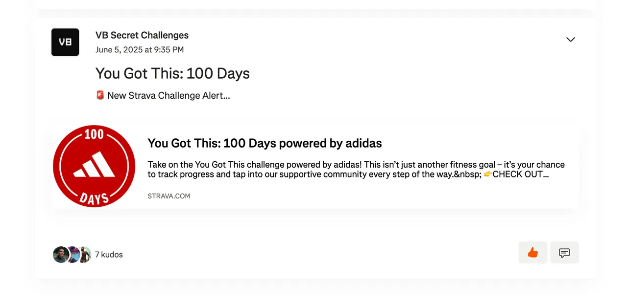 Primeiro post do clube no Strava, de 5 de junho de 2025, sobre um desafio de 100 dias